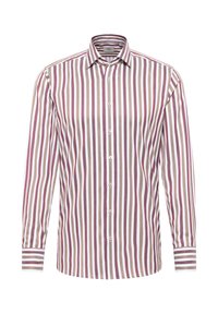 Camicia a righe con strisce verticali in bordeaux, crema e taupe; frontale con bottoni, maniche lunghe e colletto classico.