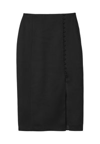 Schwarzer Midirock aus glattem Stoff, mit einem Seitenschlitz und einer Reihe dekorativer Knöpfe entlang der linken Naht. Sauberes, minimalistisches Design.