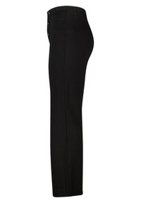Zwarte high-waisted broek met drie knopen aan de zijkant en een rechte pijp, weergegeven vanuit een zijaanzicht.