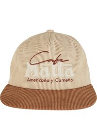 Bežna kordura kapa s smeškim vizirjem, koja ima izvezeni tekst "Café Mañana Americano y Corretto" u podebljanom dizajnu.