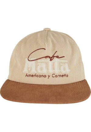 Beige kordfløjs kasket med en brun skygge, der har broderet teksten "Café Mañana Americano y Corretto" i et fedt design.
