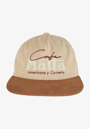 Beige corduroy cap with a brown bill, featuring embroidered text "Café Mañana Americano y Corretto" in a bold design.
