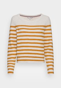 Pull-over rayé en crème et jaune moutarde. Texture côtelée, encolure large et manches longues avec une coupe carrée.