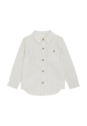 Chemise blanche à manches longues avec des fines rayures verticales grises et une poche poitrine unique avec bouton.