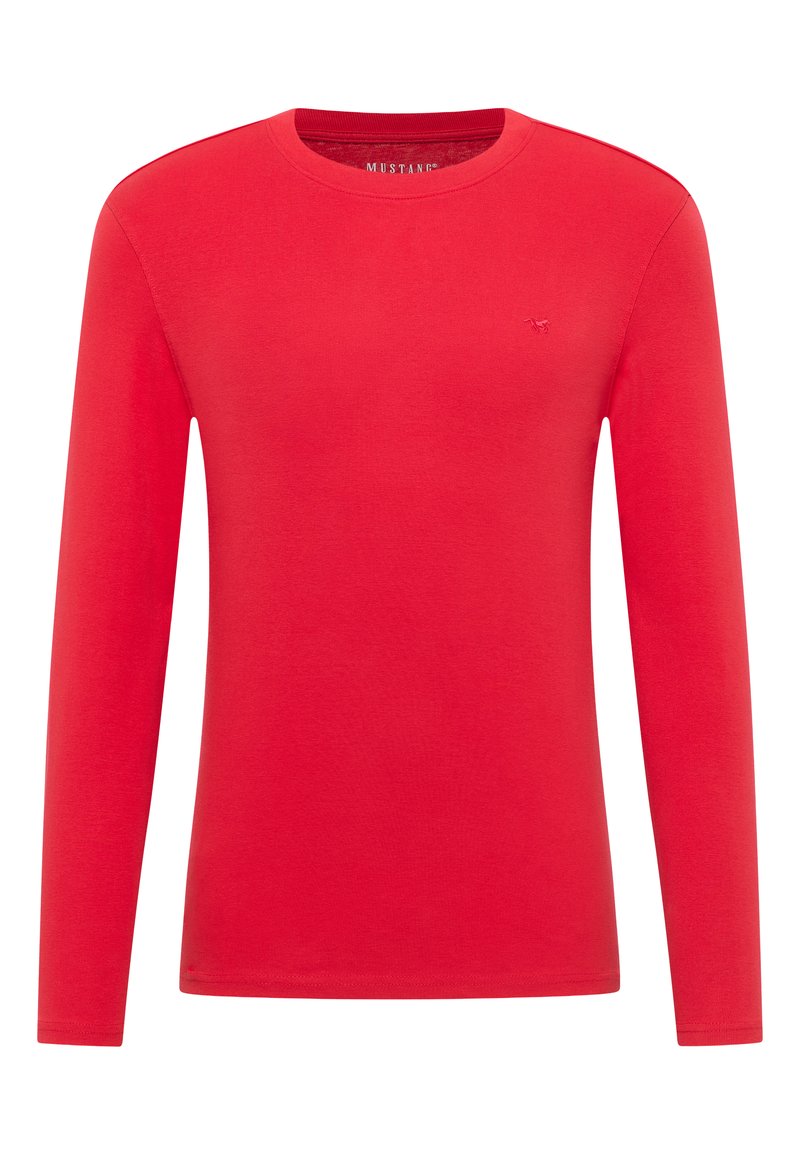 Langärmliges rotes T-Shirt aus glattem Baumwollstoff, mit Rundhalsausschnitt und einem kleinen Logoakzent auf der Brust.