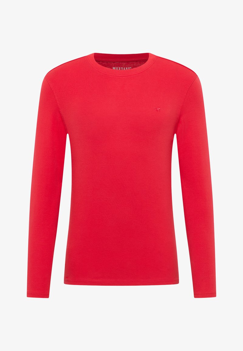 Langärmliges rotes T-Shirt aus glattem Baumwollstoff, mit Rundhalsausschnitt und einem kleinen Logoakzent auf der Brust.