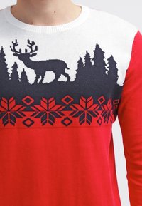 Roter Pullover mit einem weißen und dunkelblauen gemusterten Schulterbereich, der ein Rentier, Bäume und geometrische Schneeflockendesigns zeigt. Stricktextur.