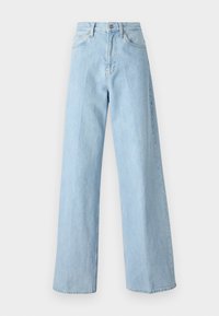 Ljust blå vida jeans gjorda av denim, med hög midja, femficksdesign och rak skärning vid fållen.