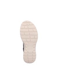 Svart skosula med en strukturerad vit gummibotten, med ett mönstrat däck och präglad logotyp på hälen. Storlek 37.