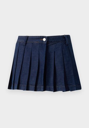 Jupe plissée en denim foncé avec une taille ajustée, fermeture à boutons et coutures contrastées. Présente des plis soignés et un ourlet droit.