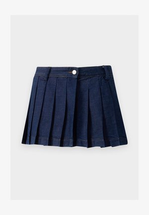 Ciemnoniebieska spódnica z fałdami, z dopasowaną talią, zapięciem na guziki i kontrastowym stębnowaniem. Posiada starannie wykonane fałdy oraz prosty dół.