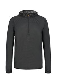 Pullover nero con maniche lunghe e cappuccio, dotato di una mezza zip, realizzato in un tessuto texturizzato e con polsini elastici. Design minimalista con cappuccio foderato in rete.