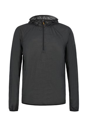 Czarny długi rękaw z kapturem, z połową zamka, wyróżniający się teksturowanym materiałem i elastycznymi mankietami. Minimalistyczny design z kapturem wykończonym siateczką.