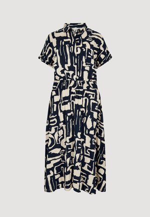 Abito camicia con maniche corte, caratterizzato da un motivo astratto blu e crema, vita elastica e gonna fluida.