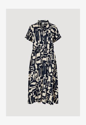 Sukienka z krótkim rękawem, zapinana na guziki, posiadająca abstrakcyjny wzór w niebiesko-kremowych odcieniach, elastyczną talię i zwiewny dół.