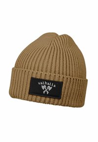 Brown ribbed knit beanie with folded cuff featuring a black patch labeled "Valhalla" and two crossed Viking axes in white.