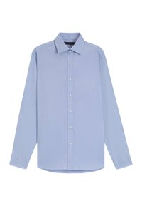 Lichtblauw langslimg shirt van gladde stof, met een knoopsluiting aan de voorkant, een puntige kraag en een afgeronde zoom met knoopmanchetten.