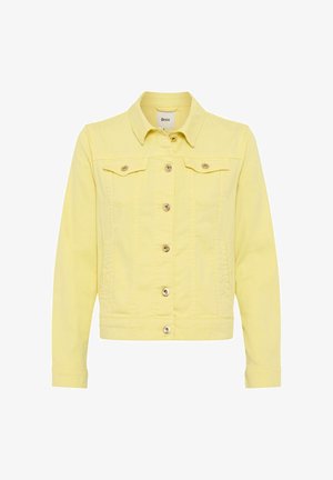 Lichtgele spijkerjasje met knoopsluitingen, twee borstzakken met kleppen en knopen, lange mouwen en een kraag.