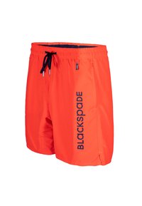 Oranssien uima-shortsit mustalla narulla, joissa on sivulogo laivaston sinisenä ja hieman kaareva helma mukavuutta ja liikkuvuutta varten.