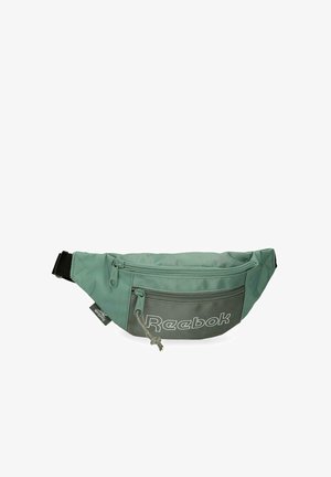 Riñonera Reebok verde y gris con dos compartimentos con cremallera y correa negra ajustable.