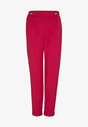 Red trousers with a relaxed fit, featuring a high waist, two decorative buttons at the waist, and rolled cuffs at the ankles. Smooth fabric texture.