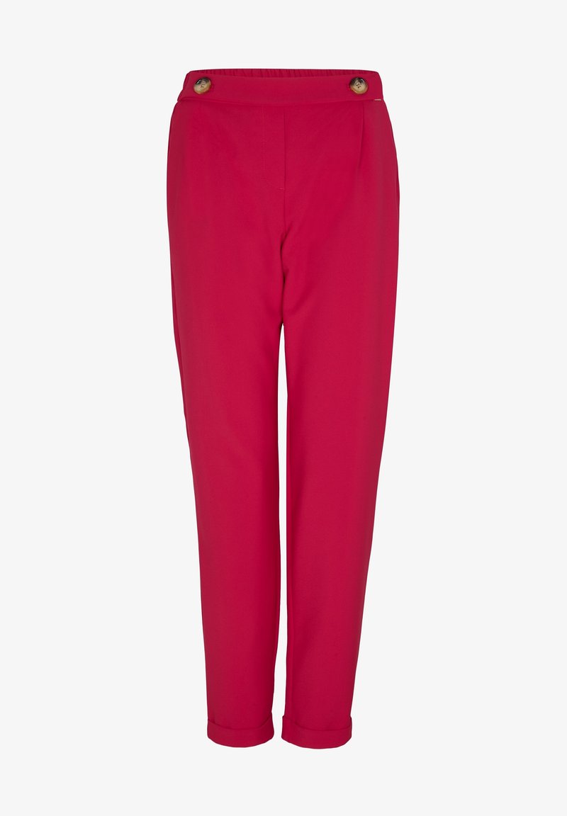 Rode broek met een relaxed fit, met een hoge taille, twee decoratieve knopen in de taille en opgerolde mouwen bij de enkels. Soepele stoftextuur.
