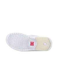White sneaker sole with a textured pattern, featuring a translucent yellow section and a red logo in the center.