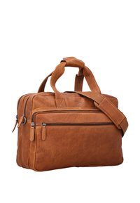 Borsa in pelle marrone con due manici, tracolla regolabile, due tasche frontali con zip e una forma rettangolare strutturata.