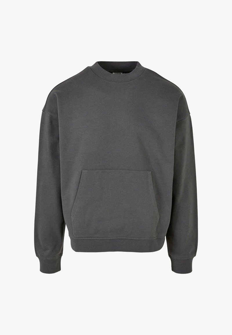 Szürke, pamut keverékből készült pulóver, hosszú ujjakkal, kerek nyakkivágással, oldalsó varrásokkal és elülső zsebbel. Simább textúra, laza szabás.