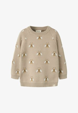 Maglione beige lavorato a maglia con maniche lunghe con un motivo ripetuto di piccole api con ali bianche e corpi giallo-marroni.