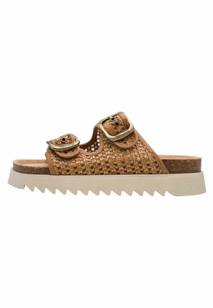 Brown woven slide sandals with two gold buckles, wide slip-on design, cork footbed, and beige serrated rubber outsole.