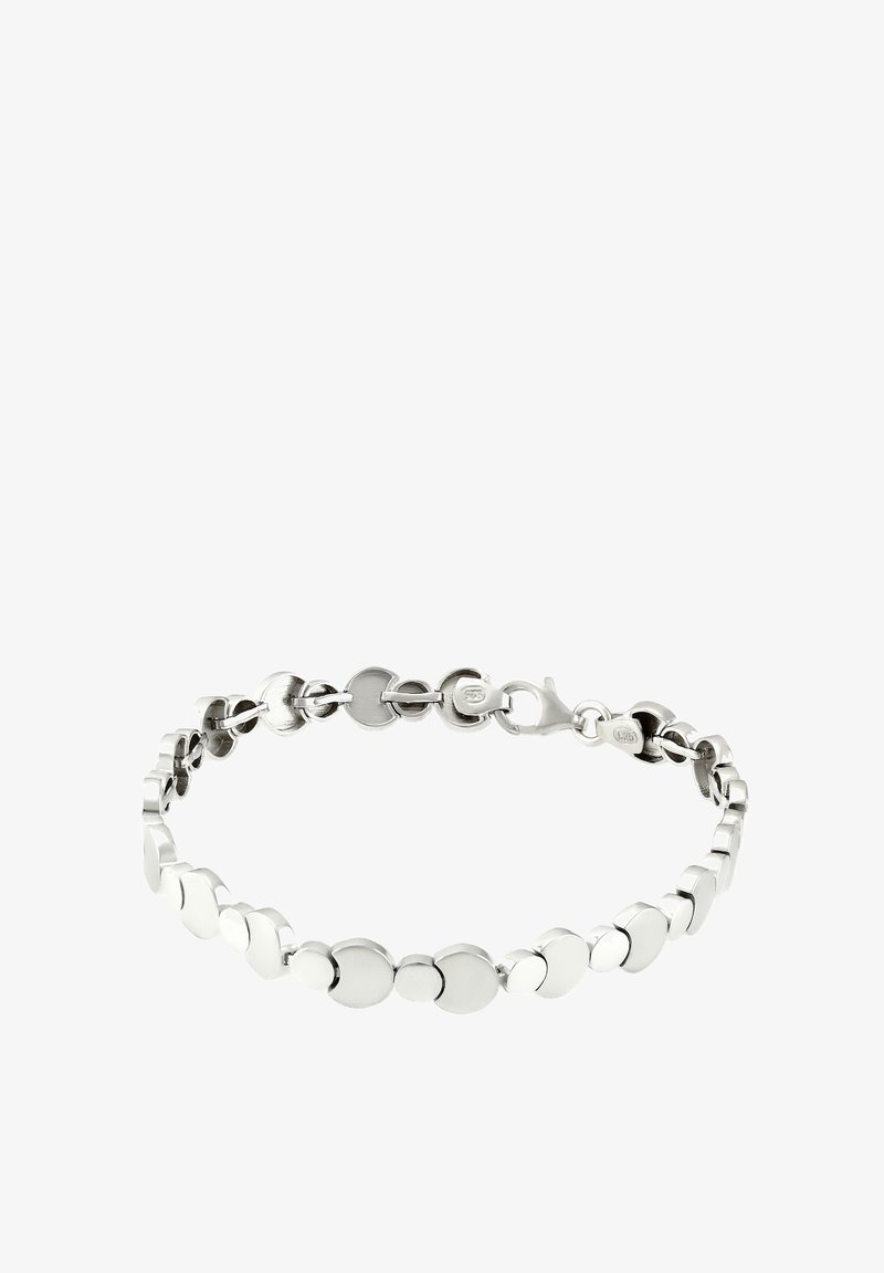Silver bracelet featuring interlinked circular links with varying sizes and a polished finish, accented by a lobster clasp closure.