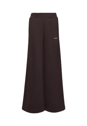 Tmavohnedé široké nohavice s elastickým pásom, bočnými vreckami a malým logom "LAMANIA" na pravej stehne.