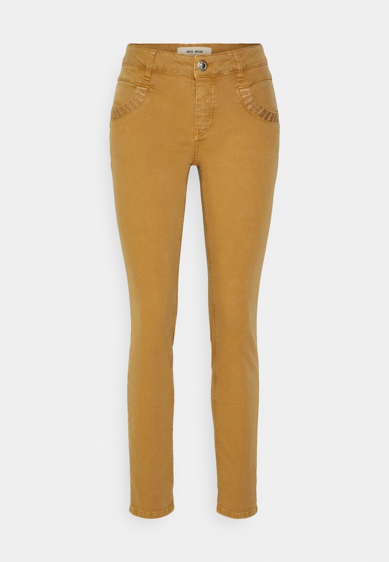 Hořčicově žluté úzké džíny s prošitím na předních kapsách a knoflíkovým zapínáním v pase. Hladký denimový texture.