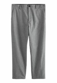 Graue, maßgeschneiderte Hose aus glattem Stoff, mit zwei vorderen Taschen, einem Knopfverschluss und geradem Bein.