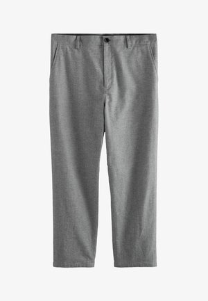 Grå, skræddersyede bukser lavet af glat stof, med to forlommer, knaplukning og lige ben.