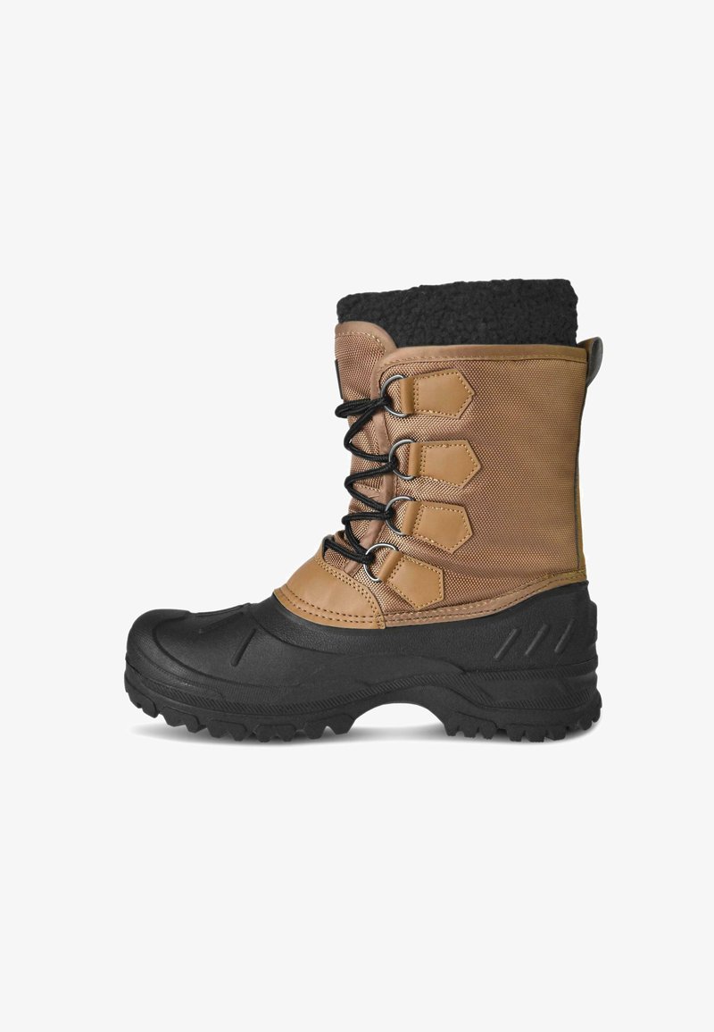 Brown snow boot with a black fur collar, rubber sole, padded sides, and four lace hooks. The upper features textured nylon and leather accents.