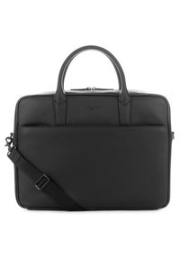 Malette en cuir noir avec deux poignées courtes, une bandoulière amovible et une surface texturée. Comprend une fermeture à glissière et un détail de logo discret.