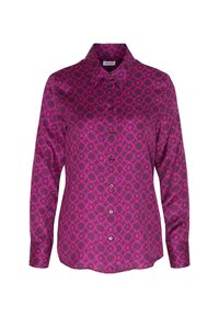 Camicia fucsia con bottoni e maniche lunghe, caratterizzata da un motivo geometrico in tonalità più scure e un colletto classico. Tessuto liscio e lucido.
