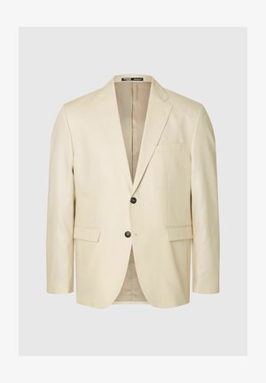 Beige, szabott blézer, két elülső zsebbel, egy gombos záródással és kis csúcsú hajtókákkal. Simább szövet, letisztult, modern dizájnnal.