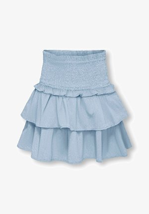 Minigonna azzurra a balze con cintura elastica smock e dettagli di balze lungo il livello superiore.