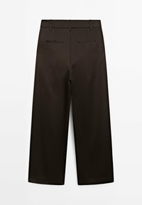 Brown wide-leg trousers with a smooth texture, featuring a high waist, belt loops, and two back pockets with sleek stitching.