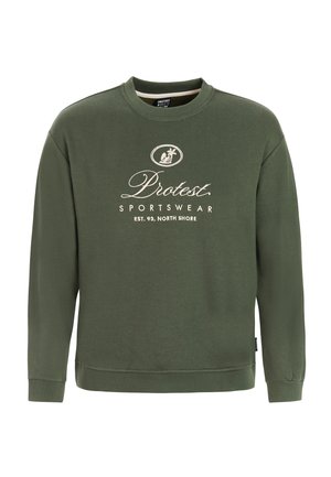 Groene sweatshirt van katoen, voorzien van een ronde hals, geribbelde manchetten en zoom; voorzijde bedrukt met "Protest Sportswear" en palmboomlogo.
