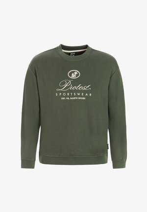 Groene sweatshirt van katoen, voorzien van een ronde hals, geribbelde manchetten en zoom; voorzijde bedrukt met "Protest Sportswear" en palmboomlogo.