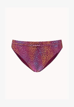 Lila-orange gemusterte Bikinihöschen mit einer kleinen dekorativen Schnur und Perlen entlang des vorderen Bunds.