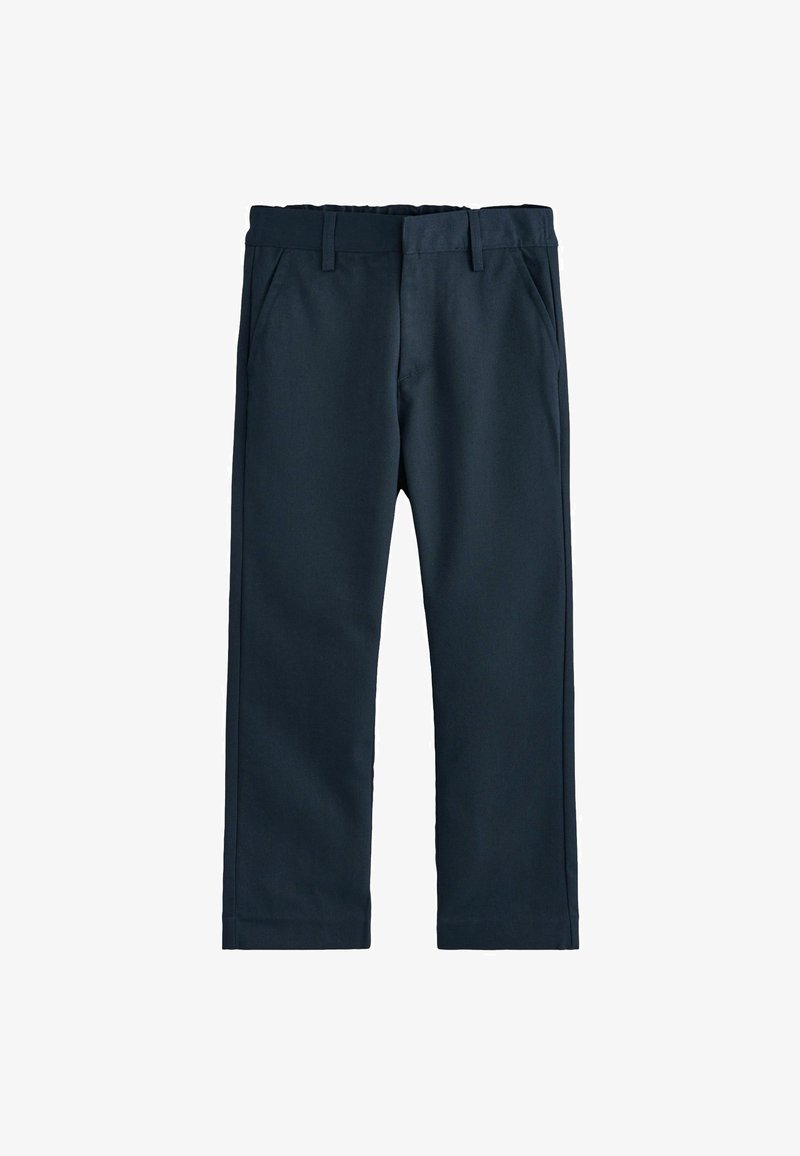 Pantalon bleu marine à jambes droites avec passants pour ceinture et poches latérales, posé à plat sur un fond blanc.