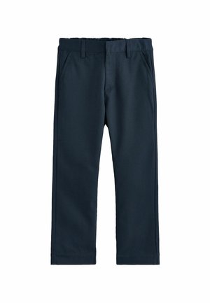 Dunkelblaue gerade geschnittene Hose mit Gürtelschlaufen und Seitentaschen, flach auf einem weißen Hintergrund liegend.