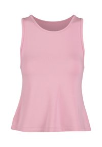 Camiseta rosa sin mangas con cuello redondo y cuerpo superior ajustado, ligeramente acampanada en el dobladillo.