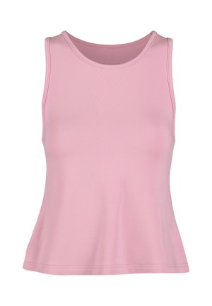 Mouwloos roze tanktop met ronde hals en aangesloten bovenstuk, licht uitlopend aan de zoom.
