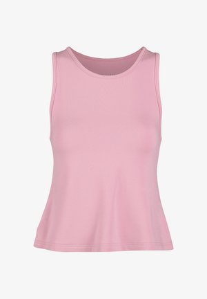 Różowy top na ramiączkach z okrągłym dekoltem i dopasowaną górą, lekko rozszerzany u dołu.